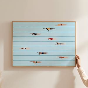 Tiny People Swimming in the Pool Print | Minimalist Pool Art | Gift for Swimmer Horizontal Office Decor | Digital Download | Printable Art
