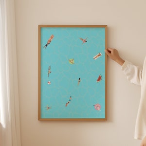 Tiny People in Swimming Pool Art | Swimming Pool Print | Minimalist People Print | Summer Wall Poster | Digital Download
