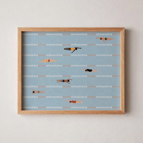 Tiny Swimmers Art | Horizontal Swimming Pool Print | Summer Poster | Minimalist Wall Art | Pool Beach House Decor | Matte Physical Art Print