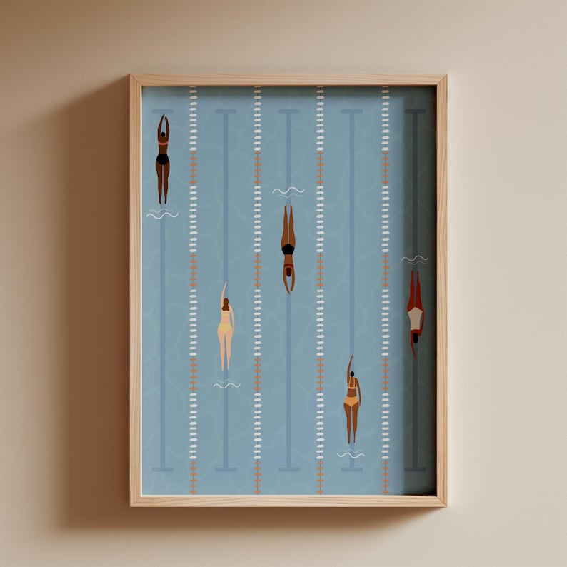 May include: A framed illustration of a swimming pool with six swimmers diving into the water. The pool is blue with white and orange lines. The swimmers are all wearing different colored swimsuits.