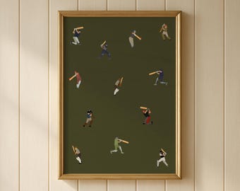 Tiny Cricket Players Print | Retro Minimalist People Art Gift for Cricket Dad Grandpa Vertical Office Decor Printable Digital Download
