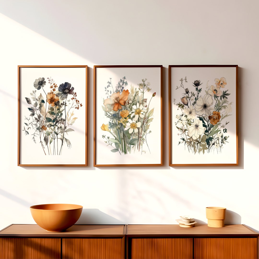 Set of 3 Wildflower Bouquets | Triptych Vintage Floral Wall Art ...