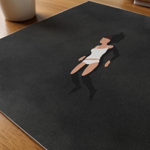 May include: A square black print featuring a minimalist graphic illustration of a figure floating in a white tank top and white underwear. The figure has dark hair and tan skin, depicted against a solid, dark charcoal-colored background.