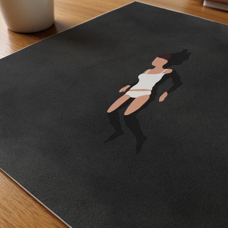 May include: A square black print featuring a minimalist graphic illustration of a figure floating in a white tank top and white underwear. The figure has dark hair and tan skin, depicted against a solid, dark charcoal-colored background.