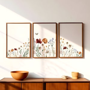 Set of 3 Wildflower Prints | Triptych Floral Wall Art | Dried Pressed Flowers | Watercolor Print | Digital Download | Printable Wall Art