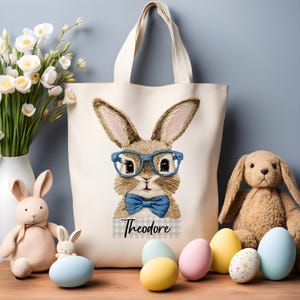 Custom Retro Easter Bunny Faux Embroidery Canvas Tote Bag | Personalized Easter Egg Hunt Bucket | Vintage Bunny Bag Kids Gift Toddler Basket