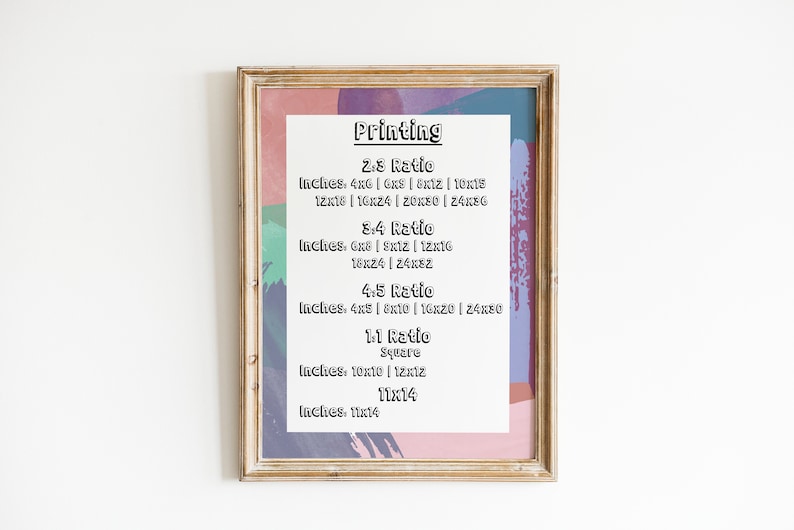 May include: A framed print with a pink, green, and blue abstract background. The print lists different printing ratios and corresponding inch measurements for each ratio. The text reads "Printing" at the top and includes the ratios 2:8, 8:4, 4:5, and 1:1.