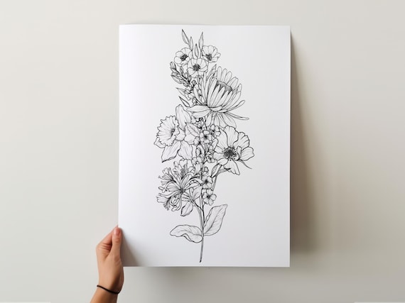 CUSTOM Birth Flower Tattoo Design | Family Flower Bouquet Personalized Gift Minimalist Spine Tattoo Design Gift for Family Digital Download