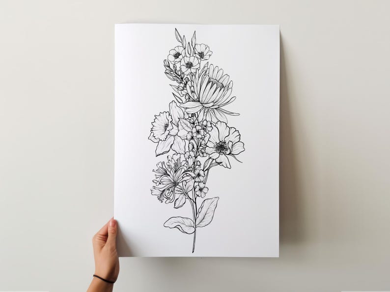 May include: A black and white line drawing of a bouquet of flowers. The bouquet includes a variety of flowers, including roses, lilies, and daisies.