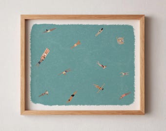 Tiny People Swimming in Pool Art | Swimming Pool Print | Summer Wall Art | Minimalist People Poster | Gift for Swimmer Digital Download Art
