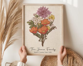 Birth Flower Bouquet | Personalized Christmas Gift for Mom | Custom Mother's Day Gift | Garden Print Birth Month Flower Art Digital Download