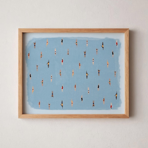 Impresión de acuarela de natación / Personajes diminutos minimalistas nadando / Arte de piscina de verano / Decoración horizontal para dormitorios universitarios / Descarga digital