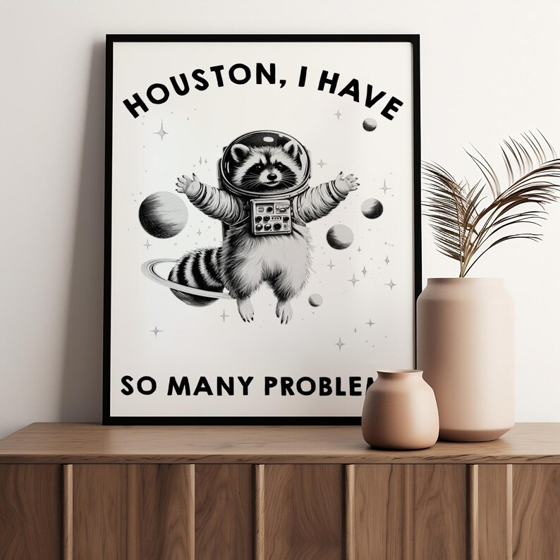 May include: A framed black and white wall art print featuring a raccoon wearing a space suit floating in space. The text reads HOUSTON, I HAVE SO MANY PROBLEMS. The raccoon is surrounded by planets, stars, and a ringed planet in a cosmic scene.