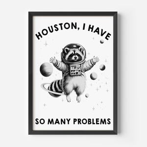 May include: A framed black and white wall art print featuring a raccoon wearing a space suit and helmet floating in space among planets and stars. The text HOUSTON, I HAVE SO MANY PROBLEMS is printed in bold black capital letters at the top and bottom.