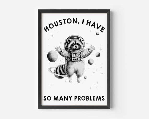 Funny Space Racoon Houston Problems Cute Racoon Horizontal Poster Dark Humor Sarcastic Funny Quote Print College Dorm Unframed Physical Art