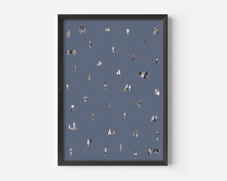 May include: A framed wall art print featuring a dark blue background populated with numerous small, illustrated figures of people in various poses, some standing, walking, or sitting, creating a scattered pattern across the entire surface.