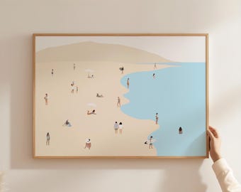 Impression minimaliste de personnes nageant sur la plage | oeuvre d'art vintage pour salle de bain sur la plage | Poster mural d'été | Décoration horizontale de maison de plage en téléchargement numérique
