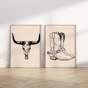Set of 2 Cowboy Western Wall Prints | Black and White Southwest Decor | Minimalist Gallery Wall Art | Southwest Landscape | Digital Download