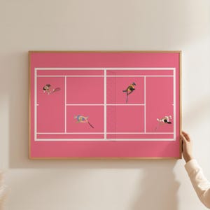 May include: A pink tennis court with four figures in various poses. The figures are a person holding a tennis racket, a person lying on their back, a person lying on their stomach, and a person standing with their arms raised. The court is framed in a wooden frame.