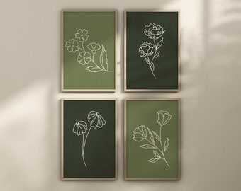 Set of 4 Line Art Minimalist Flower Prints | Olive Light Green Floral Art | Dark Academia | Cottage Core Aesthetic | Digital Download Art