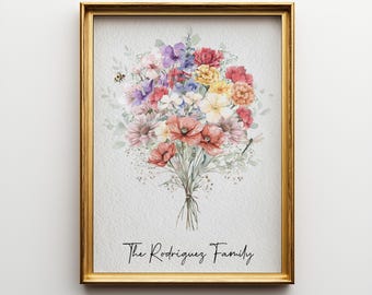 Geboortebloem familieboeket gepersonaliseerde aquarel geboorte bloemenprint cadeau voor moeder verjaardagscadeau voor haar op maat gepersonaliseerd cadeau afdrukbaar