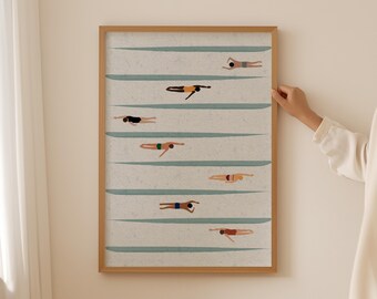Tiny Swimmers Art | Swimming Pool Print | Cute Lake House Summer Poster | Minimalist Beach House Decor | Digital Download Printable Wall Art