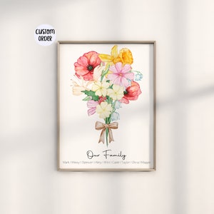 Birth Flower Family Bouquet, Personalized Watercolor Birth Flower Print, Wall Art, Birthday Gift, Minimalist Home Decor, Personalized Gift