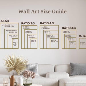 May include: A Wall Art Size Guide chart displaying various frame dimensions in inches and centimetres, categorised by A1-A4, Ratio 2:3, Ratio 4:5, Ratio 3:4, and 11x14. The text is dark brown on a light background, outlining specific print sizes.