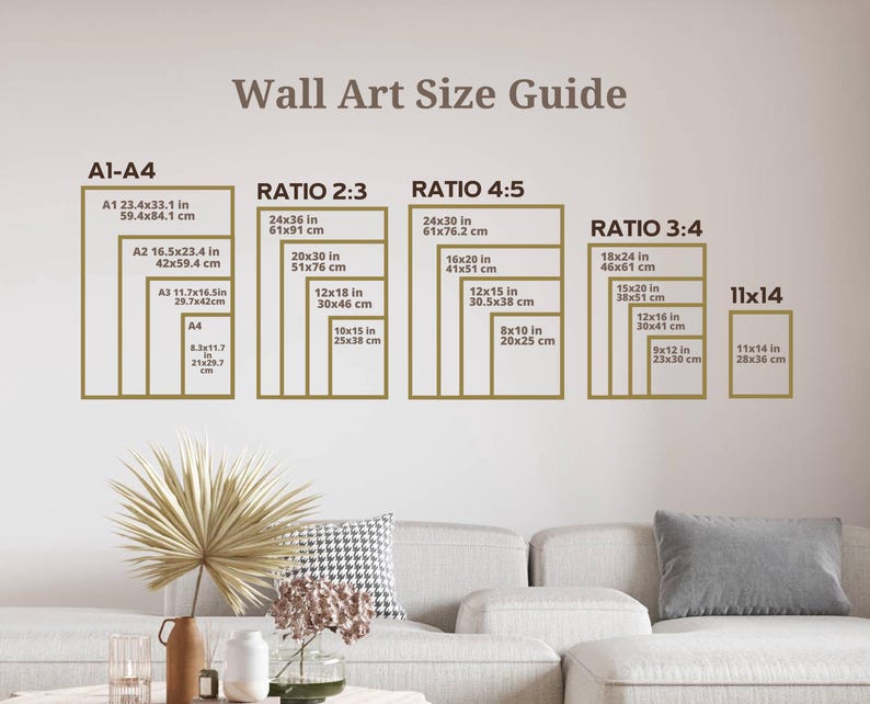 May include: A Wall Art Size Guide chart displaying various frame dimensions in inches and centimetres, categorised by A1-A4, Ratio 2:3, Ratio 4:5, Ratio 3:4, and 11x14. The text is dark brown on a light background, outlining specific print sizes.