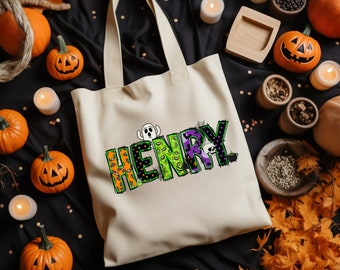 Custom Halloween Canvas Tote Bag | Personalized Trick-Or-Treat Bag | School Surprise Halloween Kids Gift Goodie Food Basket Bag Monogrammed