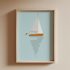 Impresión de personas diminutas en un velero / Arte minimalista de pareja nadando / Póster náutico de playa claro / Decoración de casa de playa con descarga digital