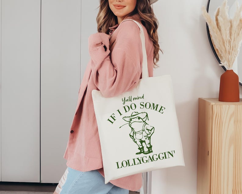Funny Lollygagging Cowboy Frog Retro Tote Bag Everyday Cute Tote Bag Gift for Friend | Gift under 20 Teacher Appreciation School Canvas Bag image 9