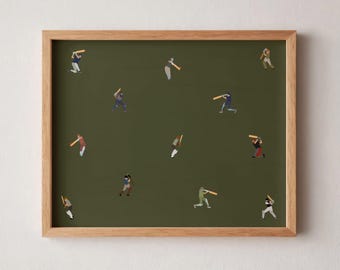 Tiny Cricket Players Print | Retro Minimalist People Art Gift for Cricket Dad Grandpa Horizontal Office Decor Printable Digital Download Art