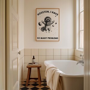 May include: A rectangular wall poster featuring a black and white illustration of a raccoon wearing an astronaut suit floating in space among planets and stars. The text reads HOUSTON, I HAVE SO MANY PROBLEMS in bold black capital letters.