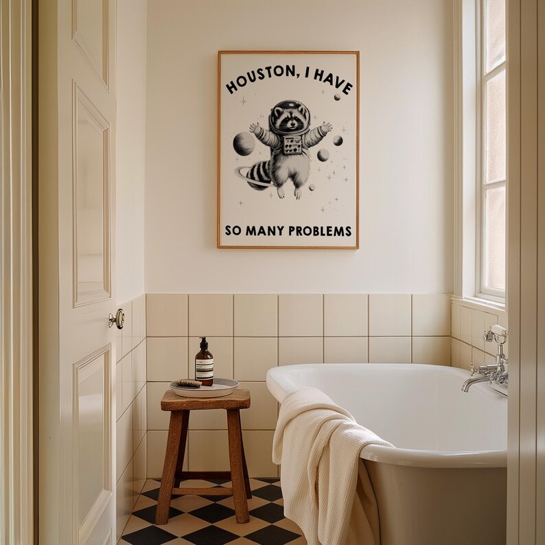 May include: A rectangular wall poster featuring a black and white illustration of a raccoon wearing an astronaut suit floating in space among planets and stars. The text reads HOUSTON, I HAVE SO MANY PROBLEMS in bold black capital letters.