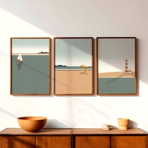 Set of 3 Minimalist Beach Prints | Triptych Wall Art | Light Beach Art | Modern Wall Decor | Sailboat Lighthouse Ocean | Digital Download