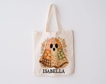 Personalized Faux Patchwork Ghost Tote Retro Halloween Canvas Bag Trick Or Treat Candy Bag School Halloween Kids Gift Toddler Goodie Basket