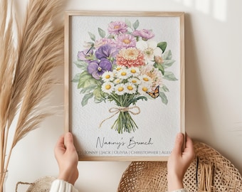 家族への誕生花ブーケギフト | 母の日おばあちゃんへのギフト ナナズガーデン 水彩画 誕生月のお花 パーソナライズギフト デジタルダウンロード