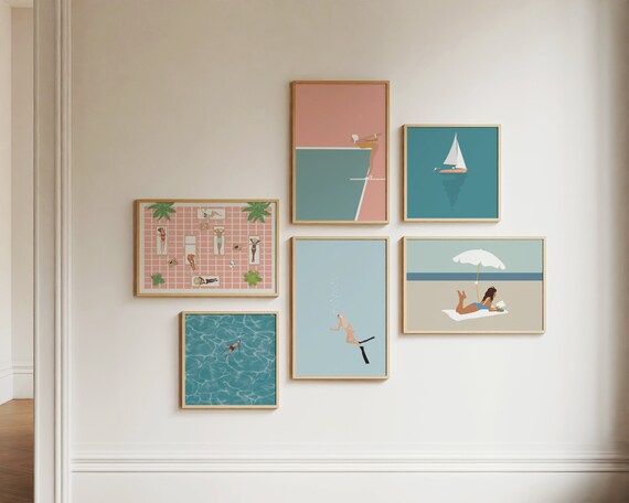 Set of 6 Minimalist Swimming Prints | Tiny People Swim | Beach Gallery Wall Art Set | Swimming Pool Art | Beach House Art | Digital Download