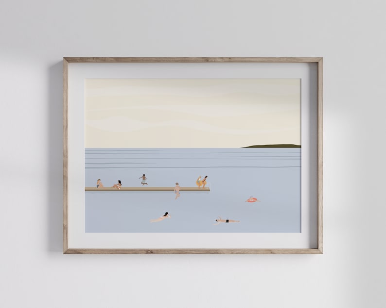 May include: A framed illustration of a light blue body of water with a wooden dock. There are several people on the dock and in the water. The sky is a light yellow color. The illustration is framed in a light brown frame.