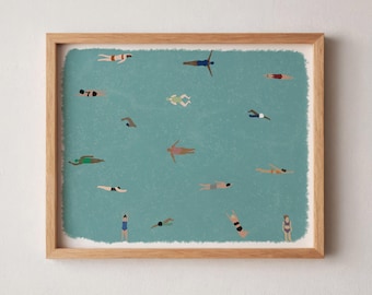 Tiny People Swimming in Pool Art | Swimming Pool Print | Summer Wall Poster Minimalist Water Art  College Dorm Unframed Matte Physical Print