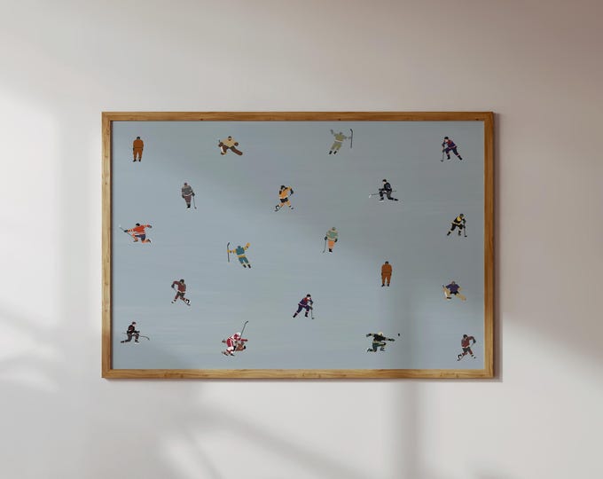 Tiny Hockey Players Print | Minimalist People Art Gift for Hockey Player Sports Horizontal Office Decor Poster Unframed Matte Physical Print