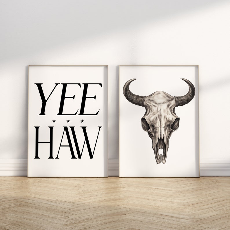 May include: Two framed prints, one with the text "YEE HAW" and the other with a black and white drawing of a bull's skull.