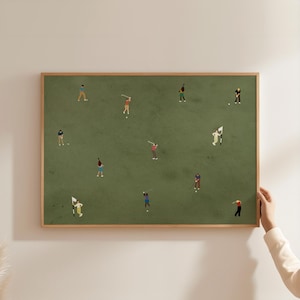May include: A framed illustration of a green golf course with 11 golfers in various poses, wearing different coloured clothing. The golfers are all facing the viewer and are in the middle of their swing.