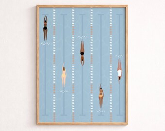 Tiny Swimmers Art | People Swimming Pool Print | Summer Wall Poster | Minimalist Women Wall Art | Beach House Decor Matte Physical Art Print