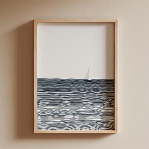 Impresión minimalista de un pequeño velero en el océano, arte para el baño, póster náutico sereno, decoración de una casa en la playa costera tranquila, descarga digital