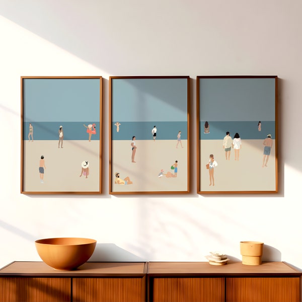 Set van 3 minimalistische strandzwemprint | Drieluik Strandmuurkunst | Zomer muurposter | Strandhuisdecoratie | Digitaal downloaden