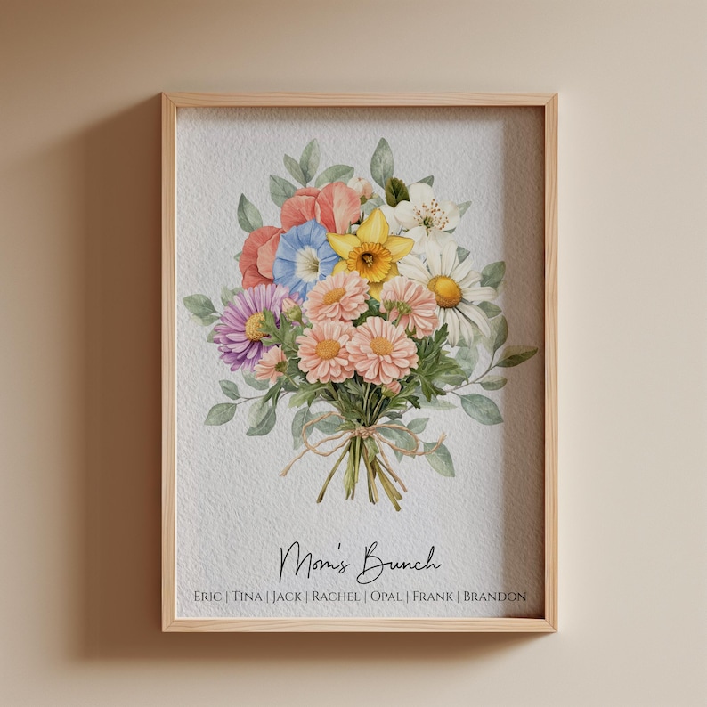 May include: A watercolor painting of a bouquet of flowers in a light blue frame. The flowers are pink, yellow, white, and blue. The text "Mon's Bunch" is written below the flowers, followed by a list of names: Eric, Tina, Jack, Rachel, Opal, Frank, and Brandon.
