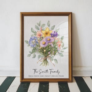 May include: A watercolor print of a bouquet of flowers in a frame. The flowers are purple, yellow, pink, and blue. The text "The Smith Family" is below the flowers, and the names "Erica, David, Jake, Ashley, Megan, Frank" are listed below the family name.