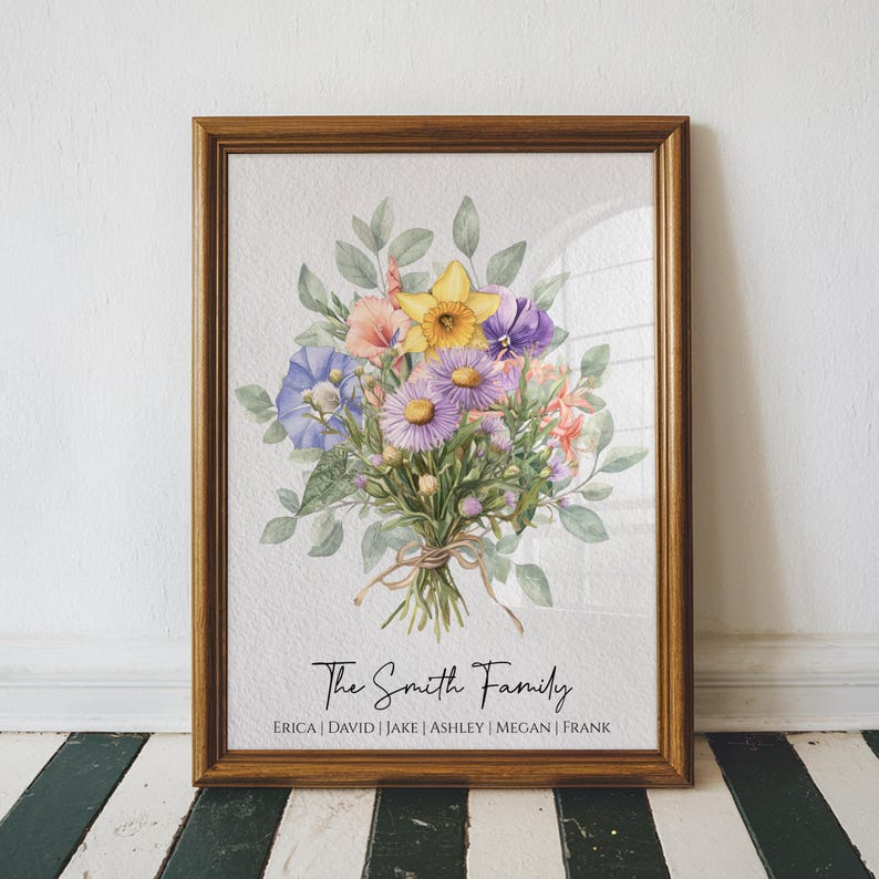 May include: A watercolor print of a bouquet of flowers in a frame. The flowers are purple, yellow, pink, and blue. The text "The Smith Family" is below the flowers, and the names "Erica, David, Jake, Ashley, Megan, Frank" are listed below the family name.